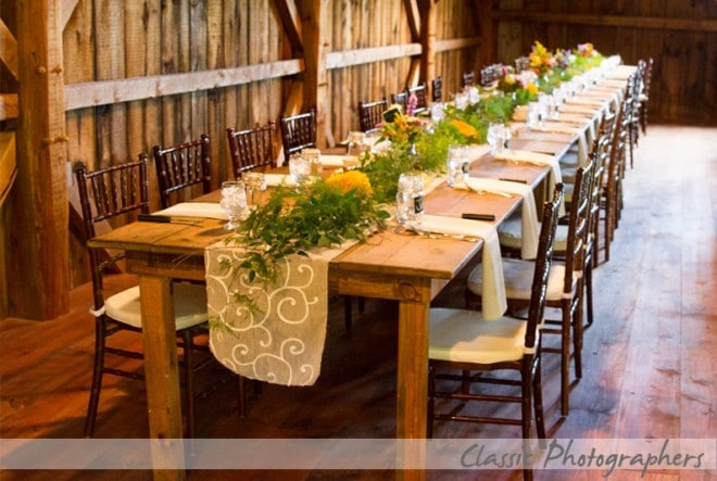barn wedding with farm tables