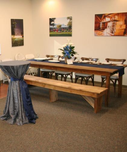 wood farm bench with farm table