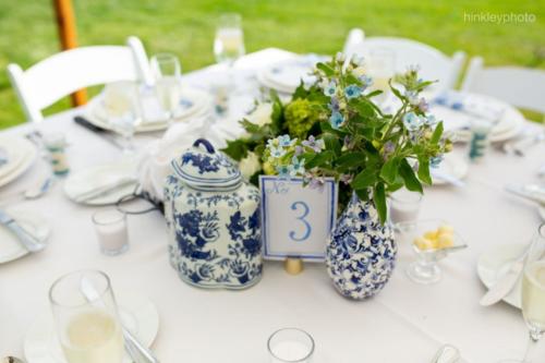 Blue and white patterned china urns and vases for the tables